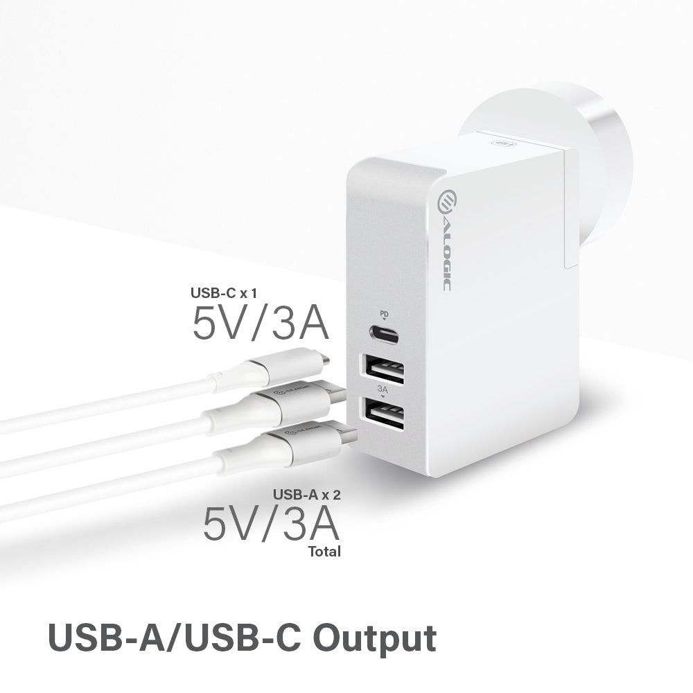 USB-C Laptop/Macbook Wall Charger 45W with Power Delivery & USB-A Charging Ports Ð Travel Edition with AU, EU, UK, US Plugs