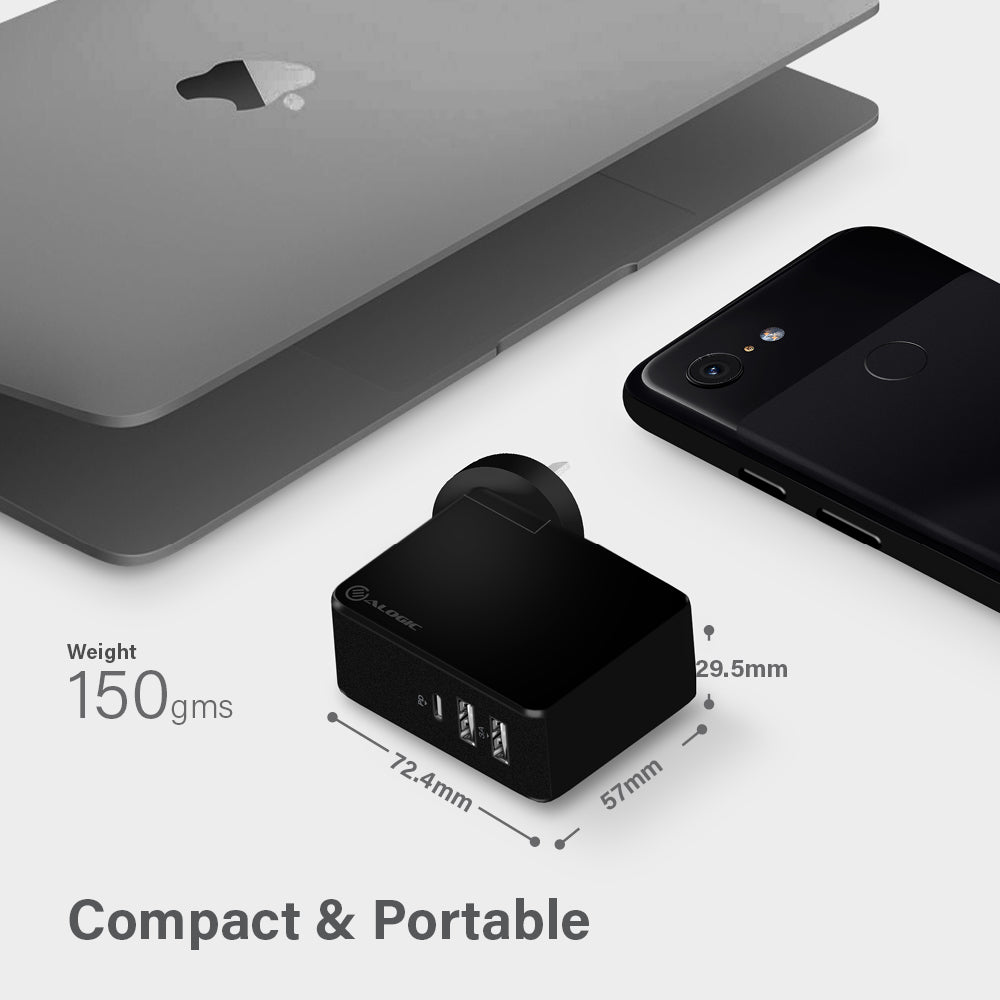 USB-C Laptop/Macbook Wall Charger 45W with Power Delivery & USB-A Charging Ports Ð Travel Edition with AU, EU, UK, US Plugs