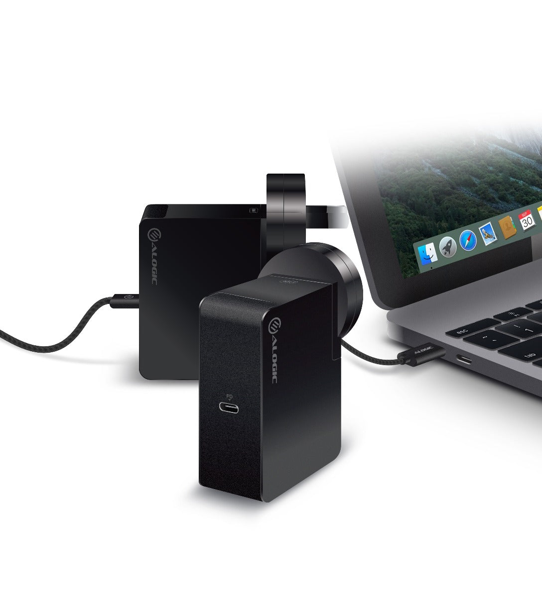 USB-C Laptop/Macbook Wall Charger 60W with Power Delivery– Travel Edition with AU, EU, UK, US Plugs and 2m Cable - Black