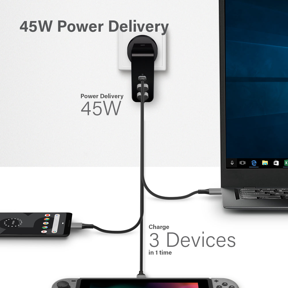 USB-C Laptop/Macbook Wall Charger 45W with Power Delivery & USB-A Charging Ports – Travel Edition with AU, EU, UK, US Plugs