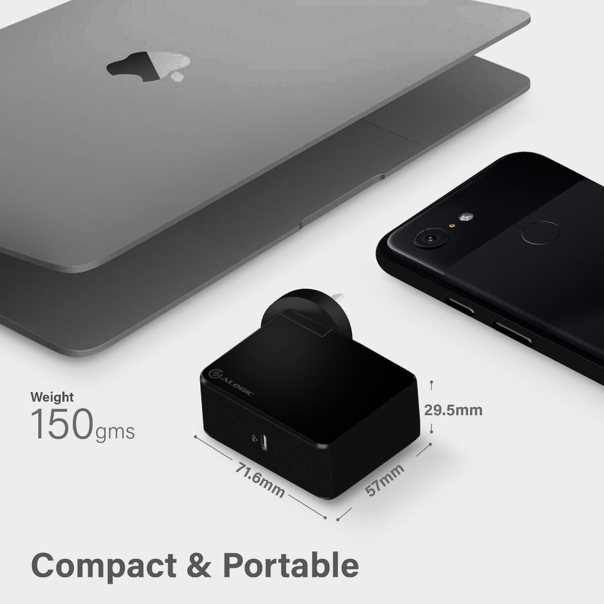 USB-C Laptop/Macbook Wall Charger 60W with Power Delivery– Travel Edition with AU, EU, UK, US Plugs and 2m Cable - Black