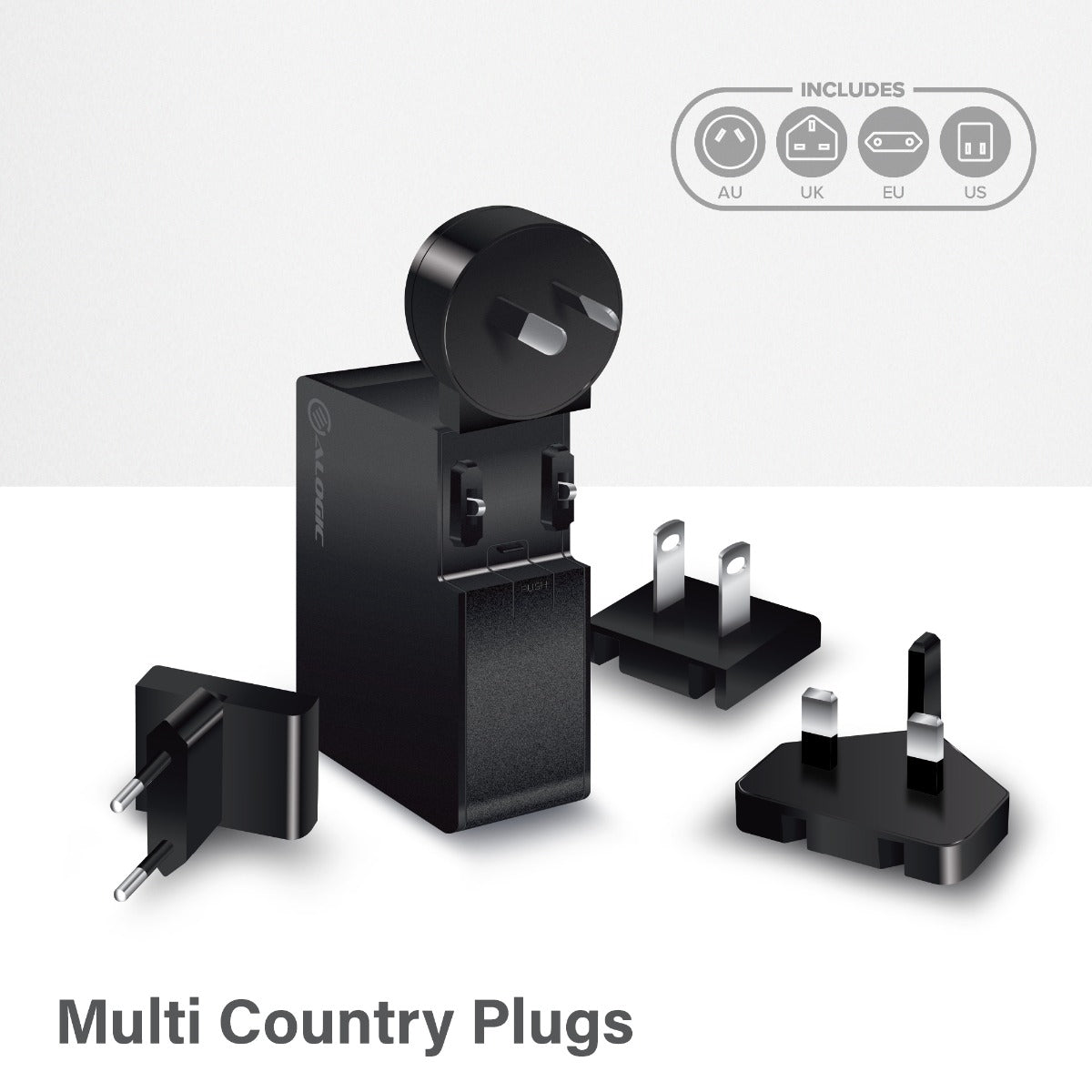 USB-C Laptop/Macbook Wall Charger 60W with Power Delivery– Travel Edition with AU, EU, UK, US Plugs and 2m Cable - Black