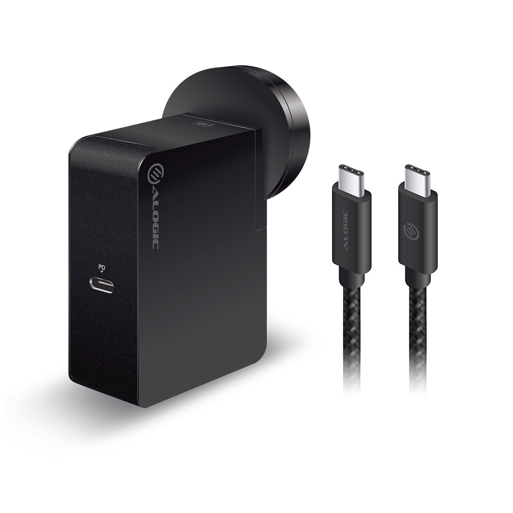 USB-C Laptop/Macbook Wall Charger 60W with Power Delivery– Travel Edition with AU, EU, UK, US Plugs and 2m Cable - Black