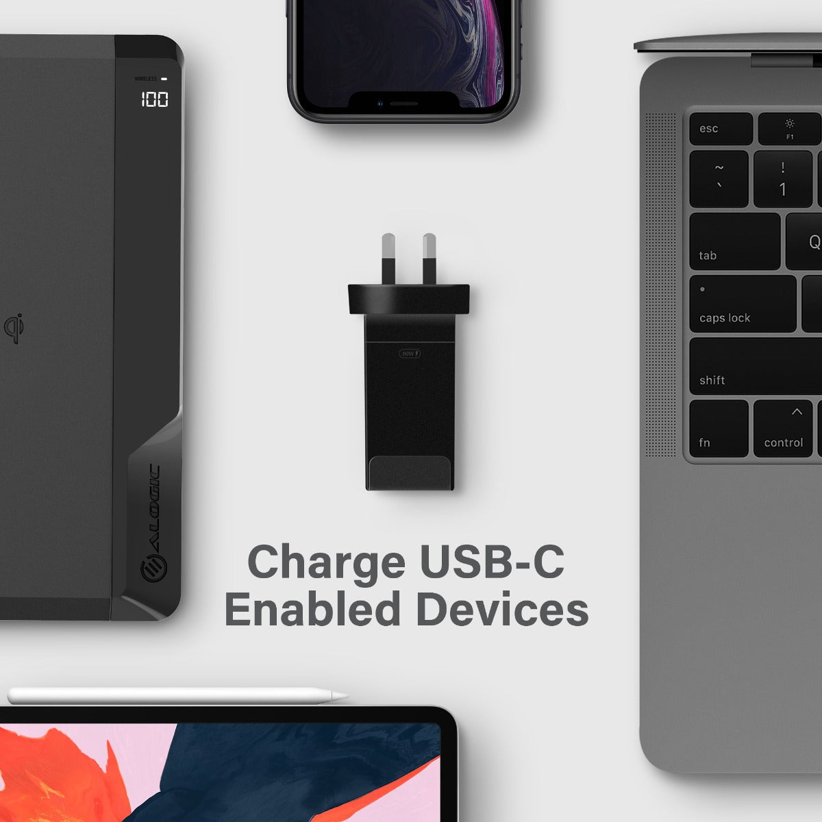 USB-C Laptop/Macbook Wall Charger 60W with Power Delivery– Travel Edition with AU, EU, UK, US Plugs and 2m Cable - Black