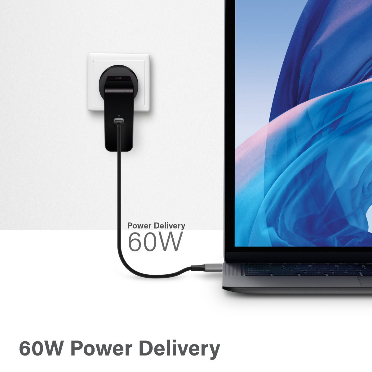 USB-C Laptop/Macbook Wall Charger 60W with Power Delivery– Travel Edition with AU, EU, UK, US Plugs and 2m Cable - Black